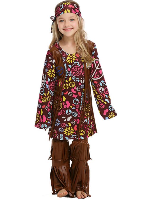 F68169 Kids Girls Hippie Costume Long Sleeve Fancy Dress